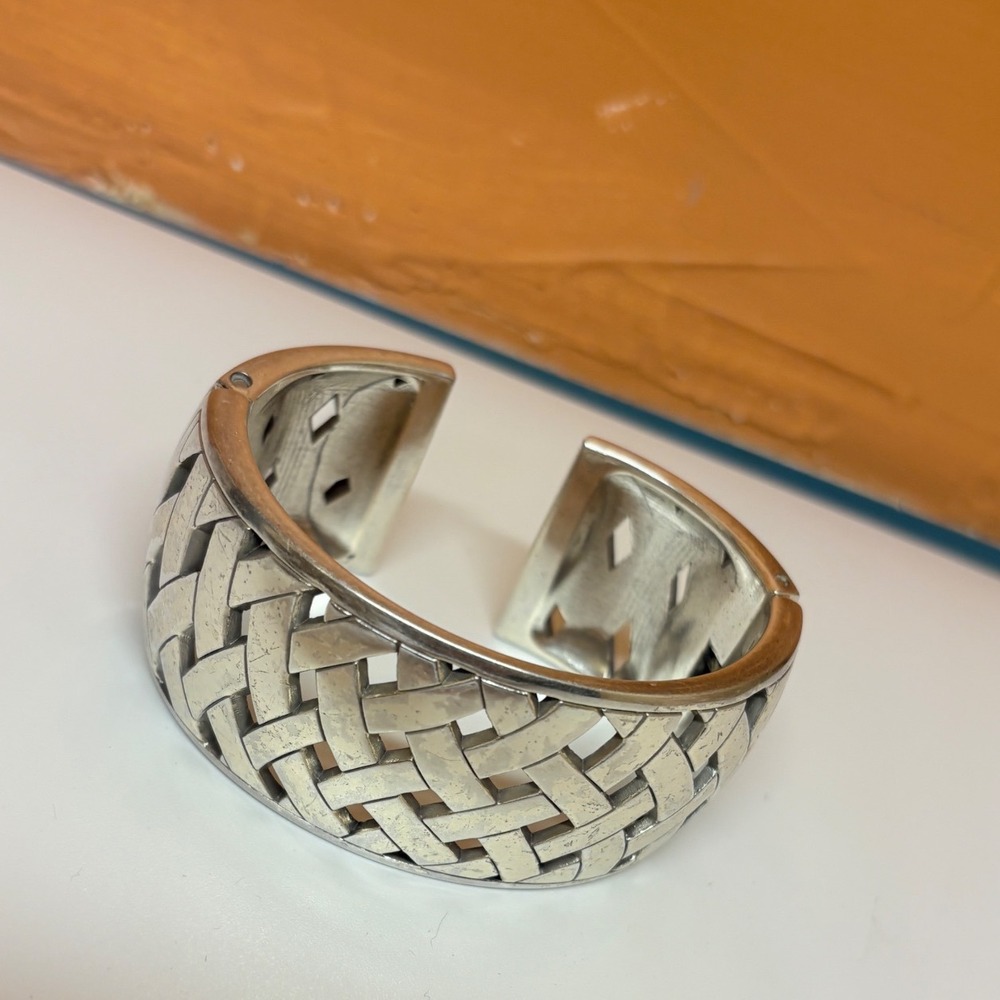 Brighton Silver Tone Lattice Hinge Cuff Bracelet Wide Woven Basketweave Design